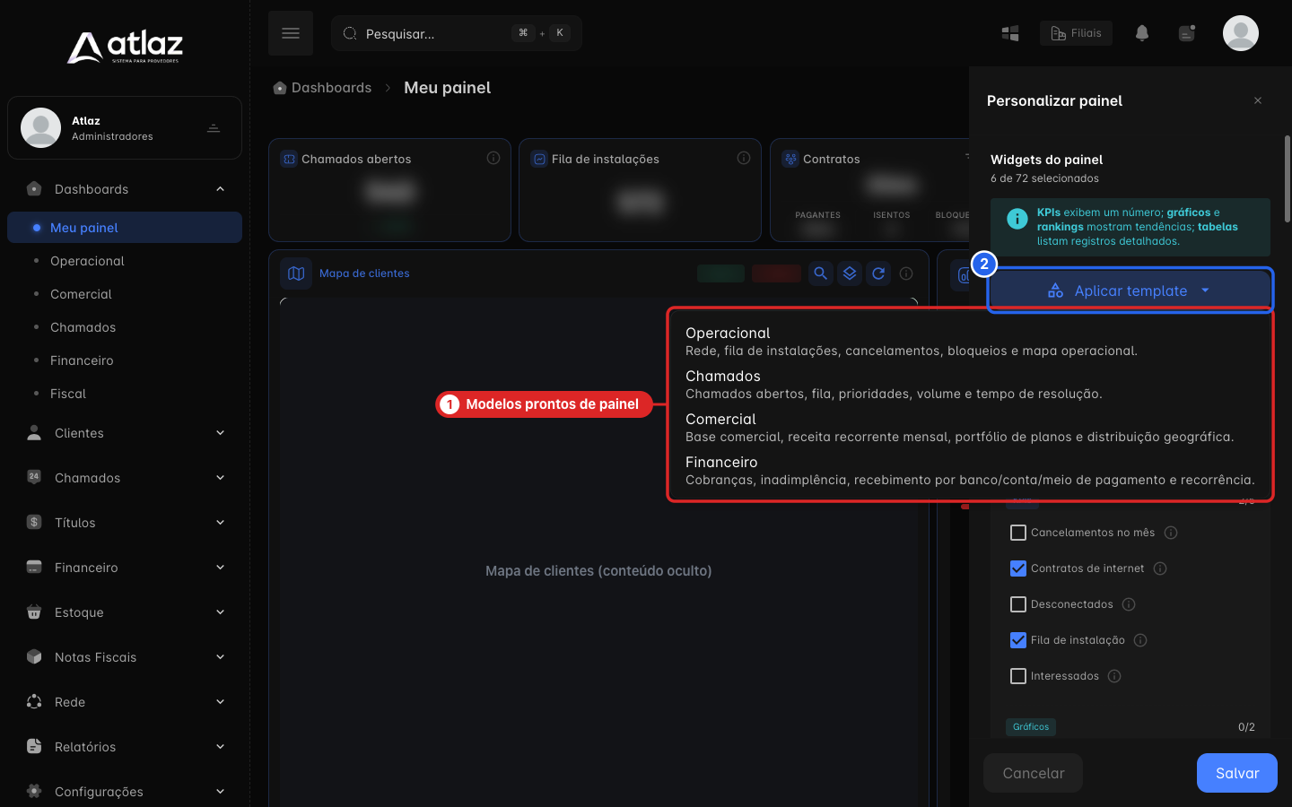 Menu Aplicar template com os modelos Operacional, Chamados, Comercial e Financeiro