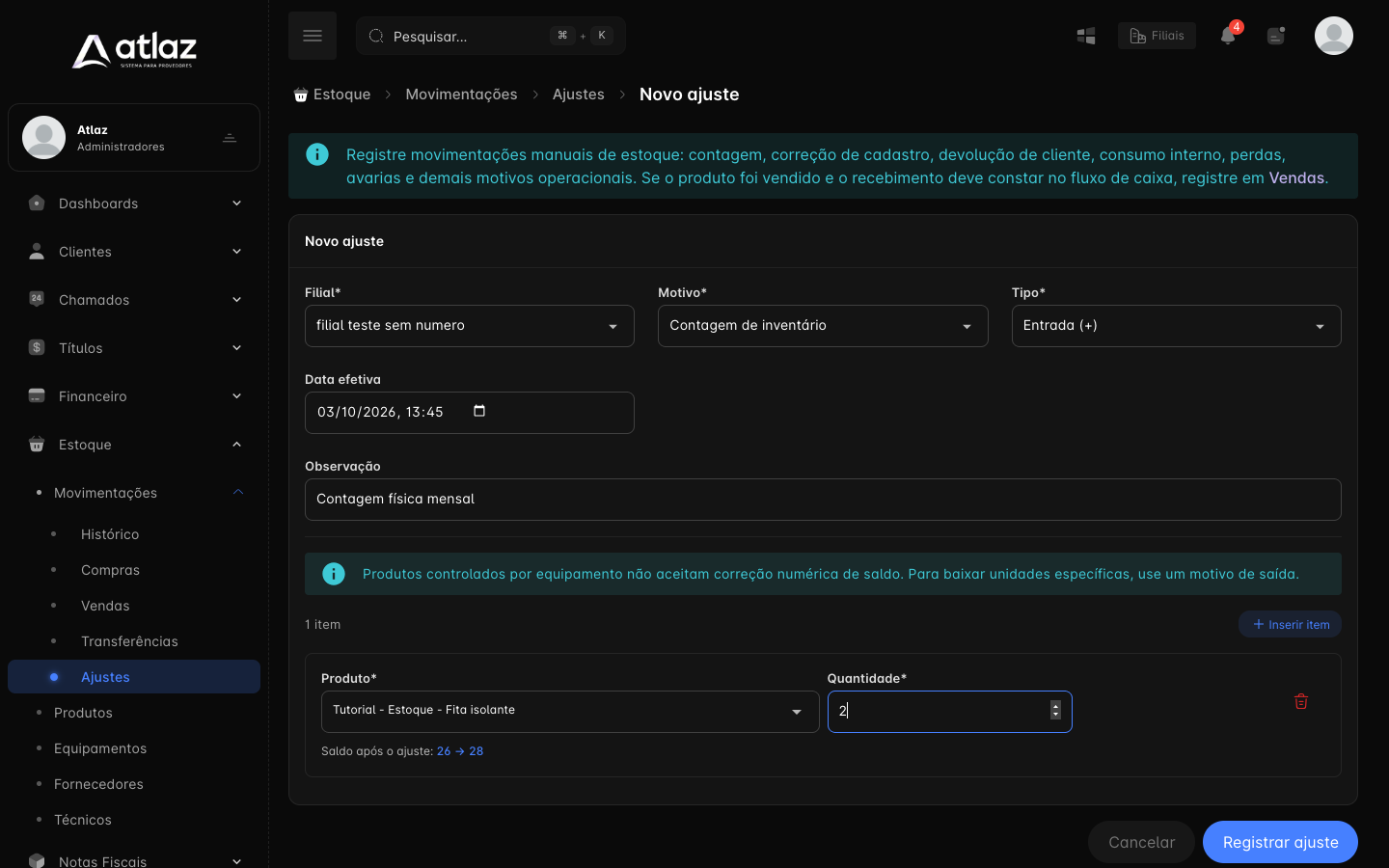 Formulário de ajuste com o saldo após o ajuste