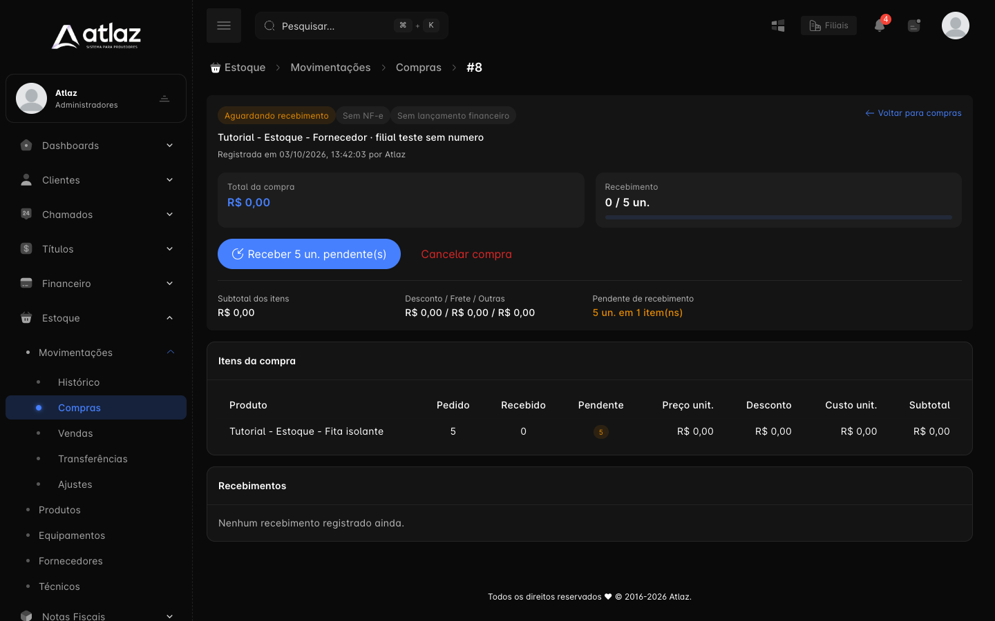 Compra sem recebimento, com o botão Cancelar compra
