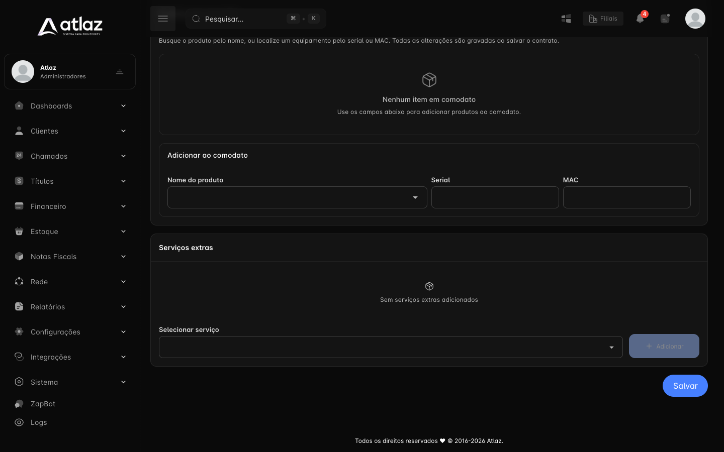 Card Produtos em comodato vazio, com o bloco Adicionar ao comodato
