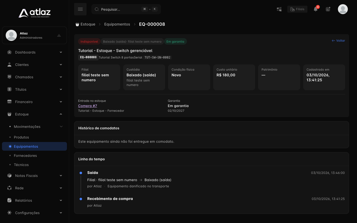 Ficha de um equipamento baixado, com garantia e linha do tempo