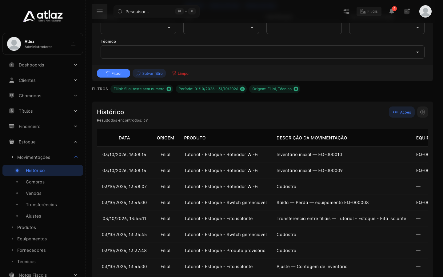 Histórico com a origem Técnico