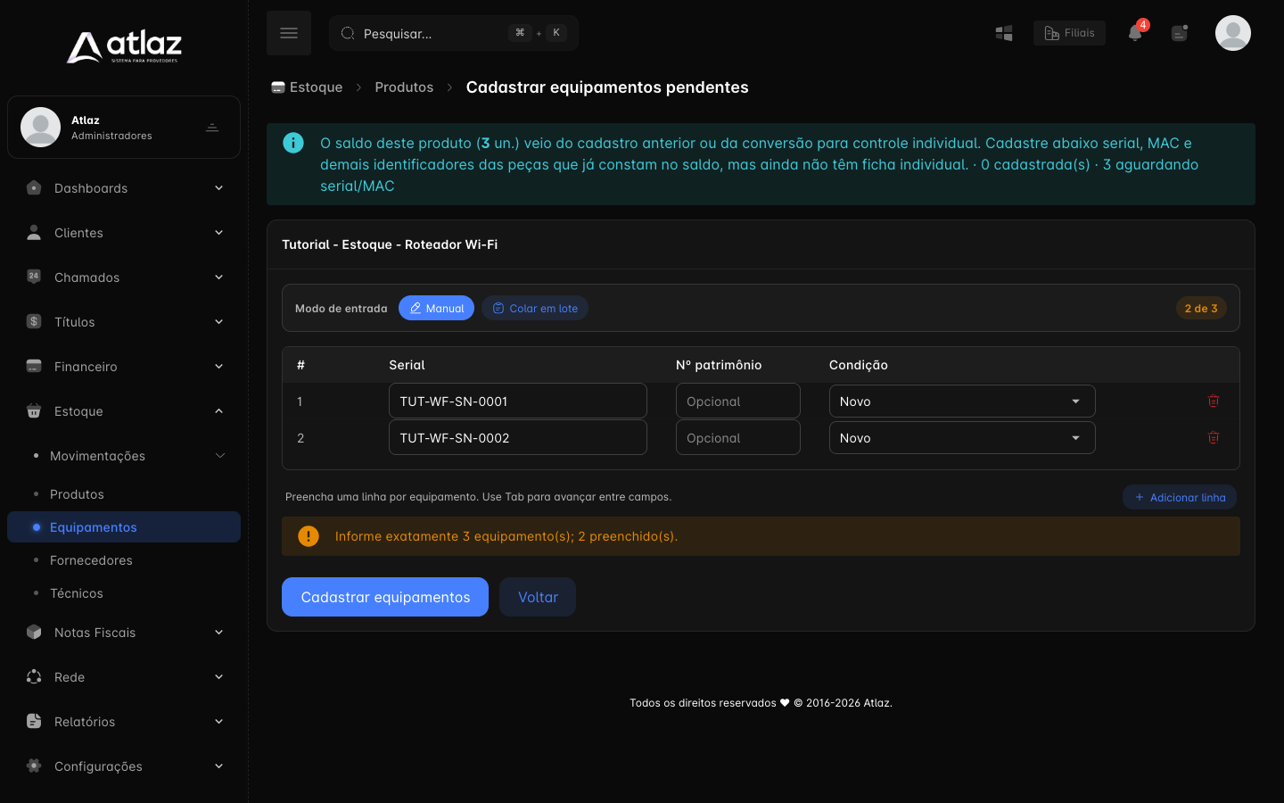 Dois seriais informados de três peças