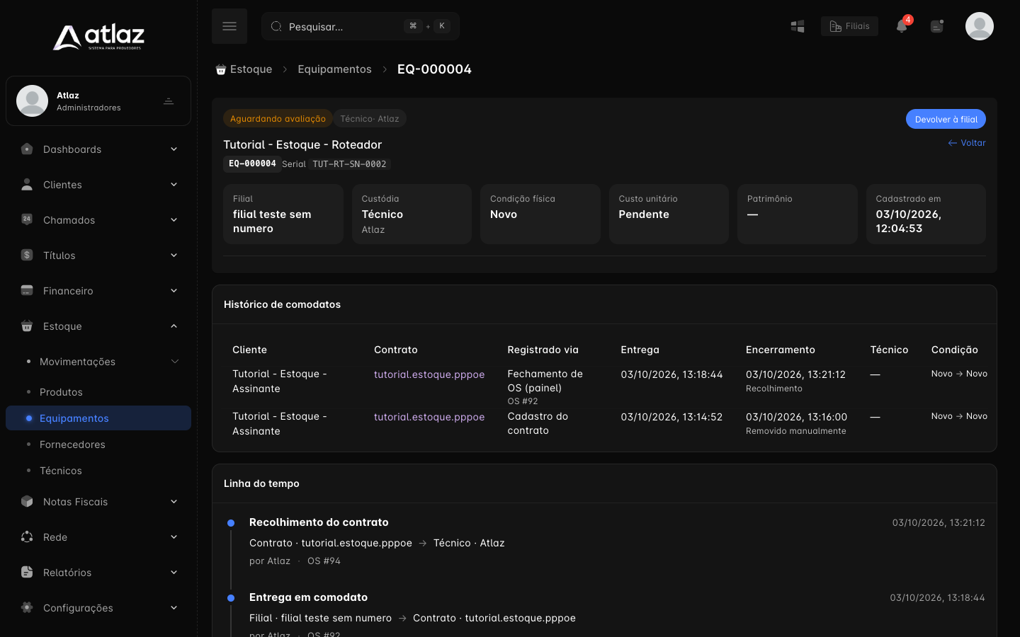Equipamento Aguardando avaliação
