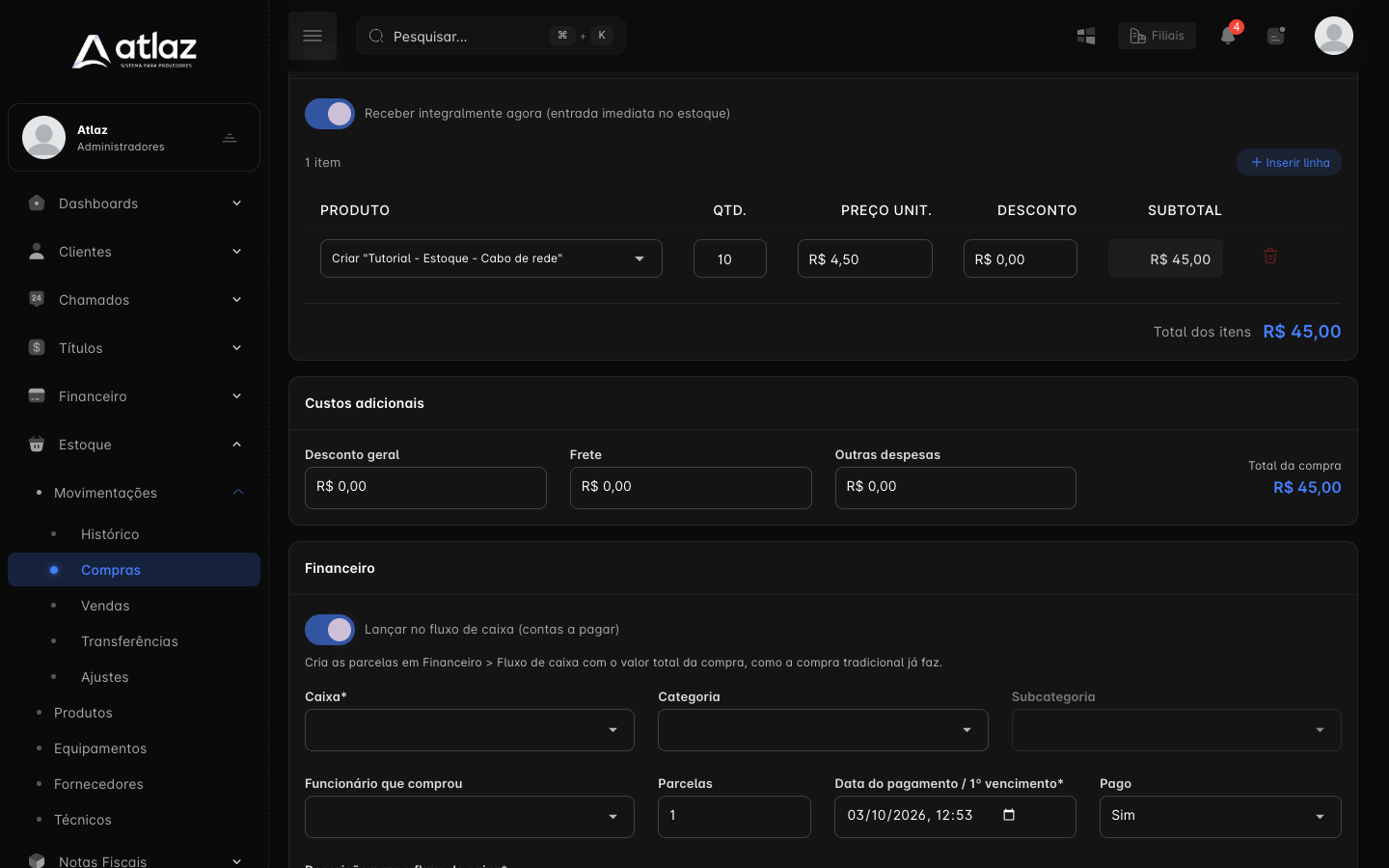 Itens da compra e o interruptor de lançamento financeiro