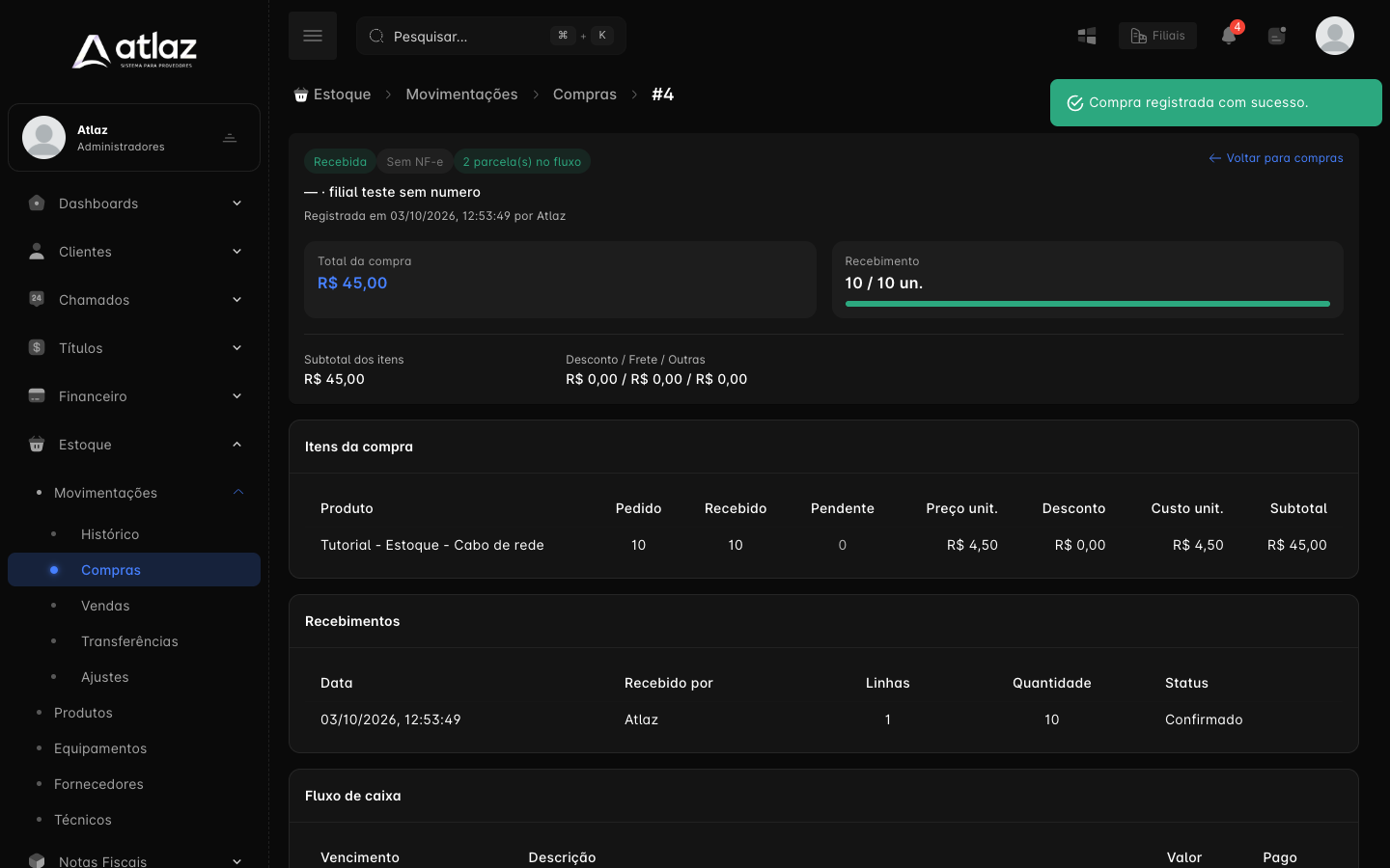 Compra registrada com as parcelas no fluxo