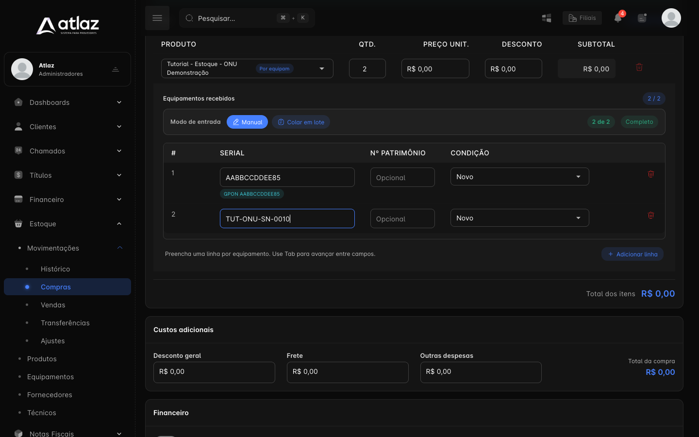 Bloco Equipamentos recebidos com um serial por peça