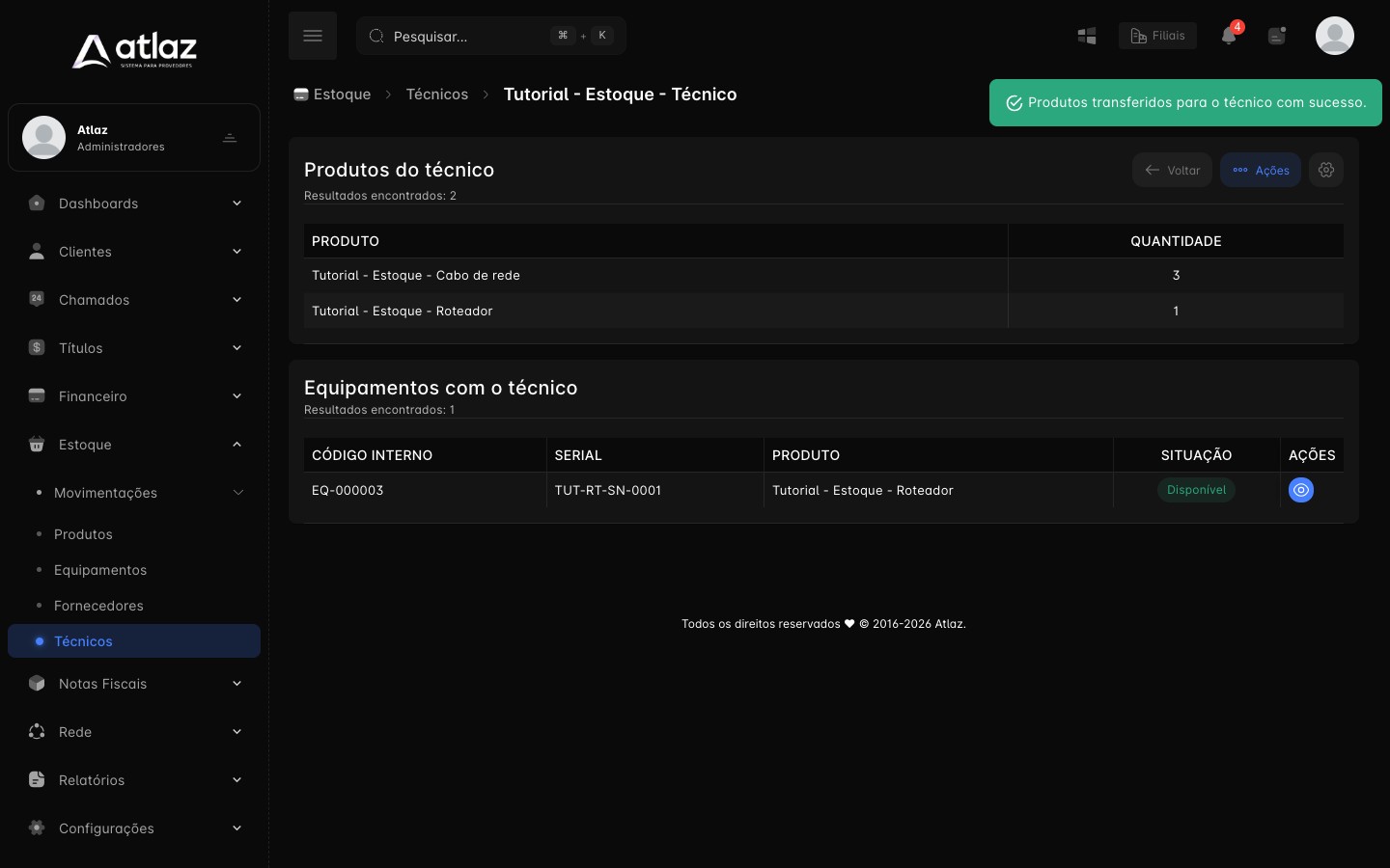 Estoque do técnico após a transferência