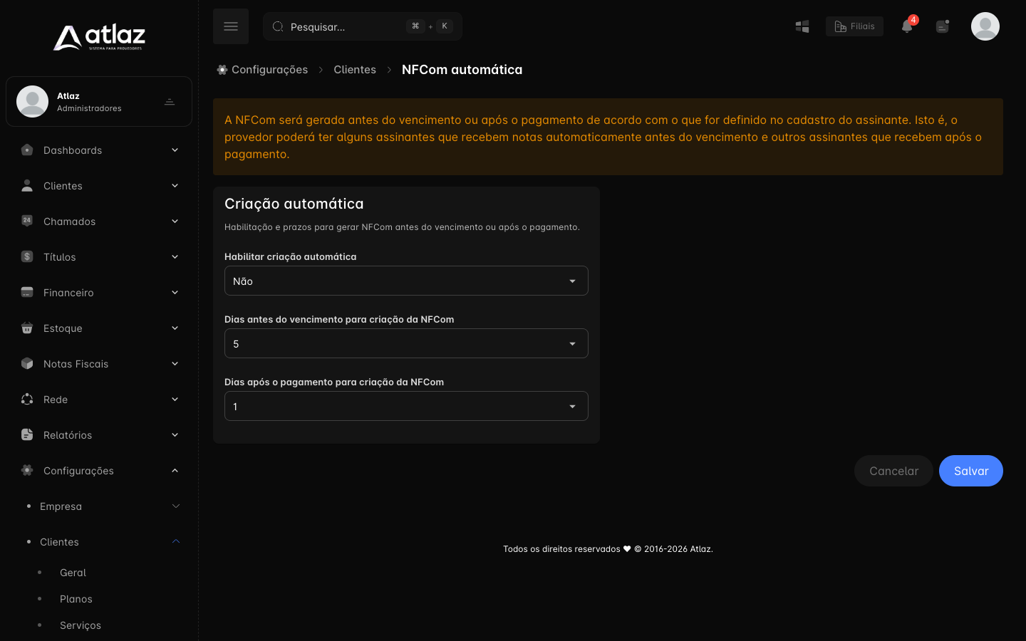 NFCom automática — Habilitar criação automática