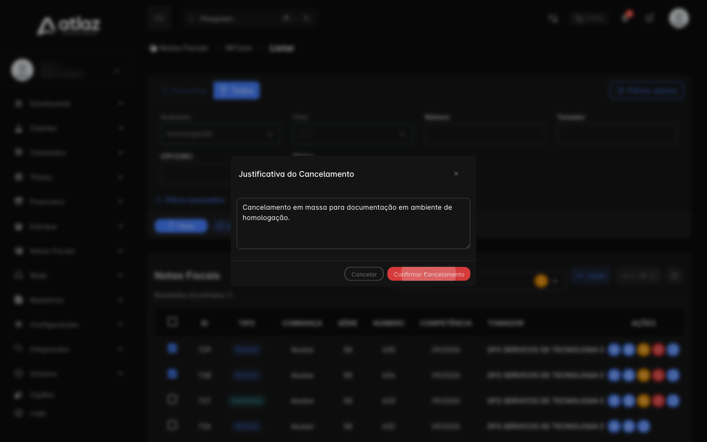 Justificativa válida, com o botão Confirmar Cancelamento habilitado