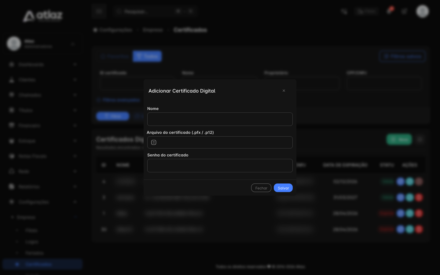 Janela Adicionar Certificado Digital, com Nome, Arquivo do certificado e Senha do certificado