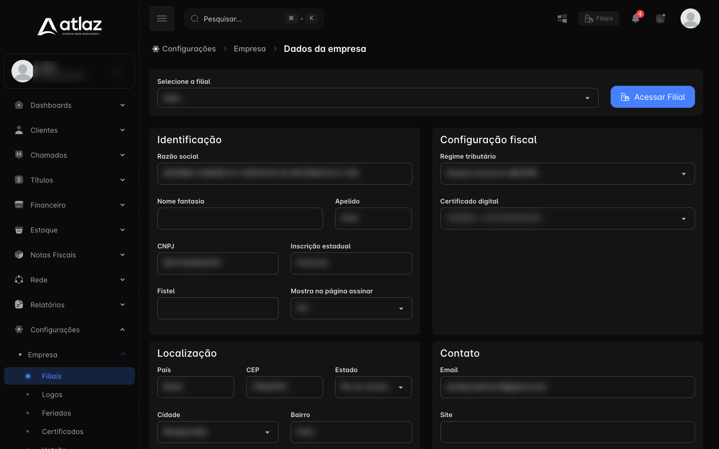 Tela Dados da empresa, com a seção Configuração fiscal e o campo Certificado digital