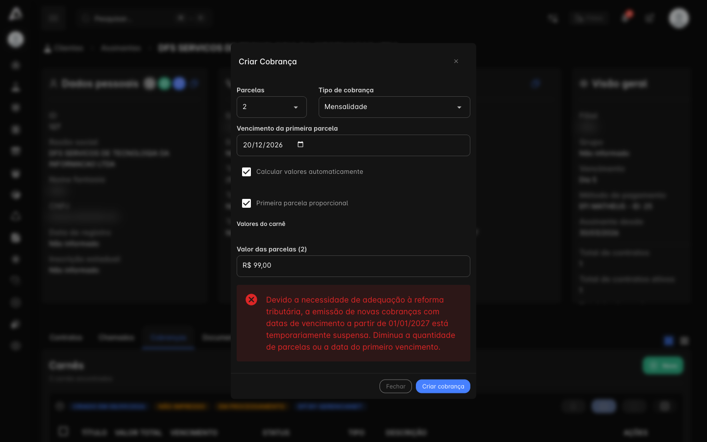 Janela Criar Cobrança com a mensagem de bloqueio para vencimento em 2027