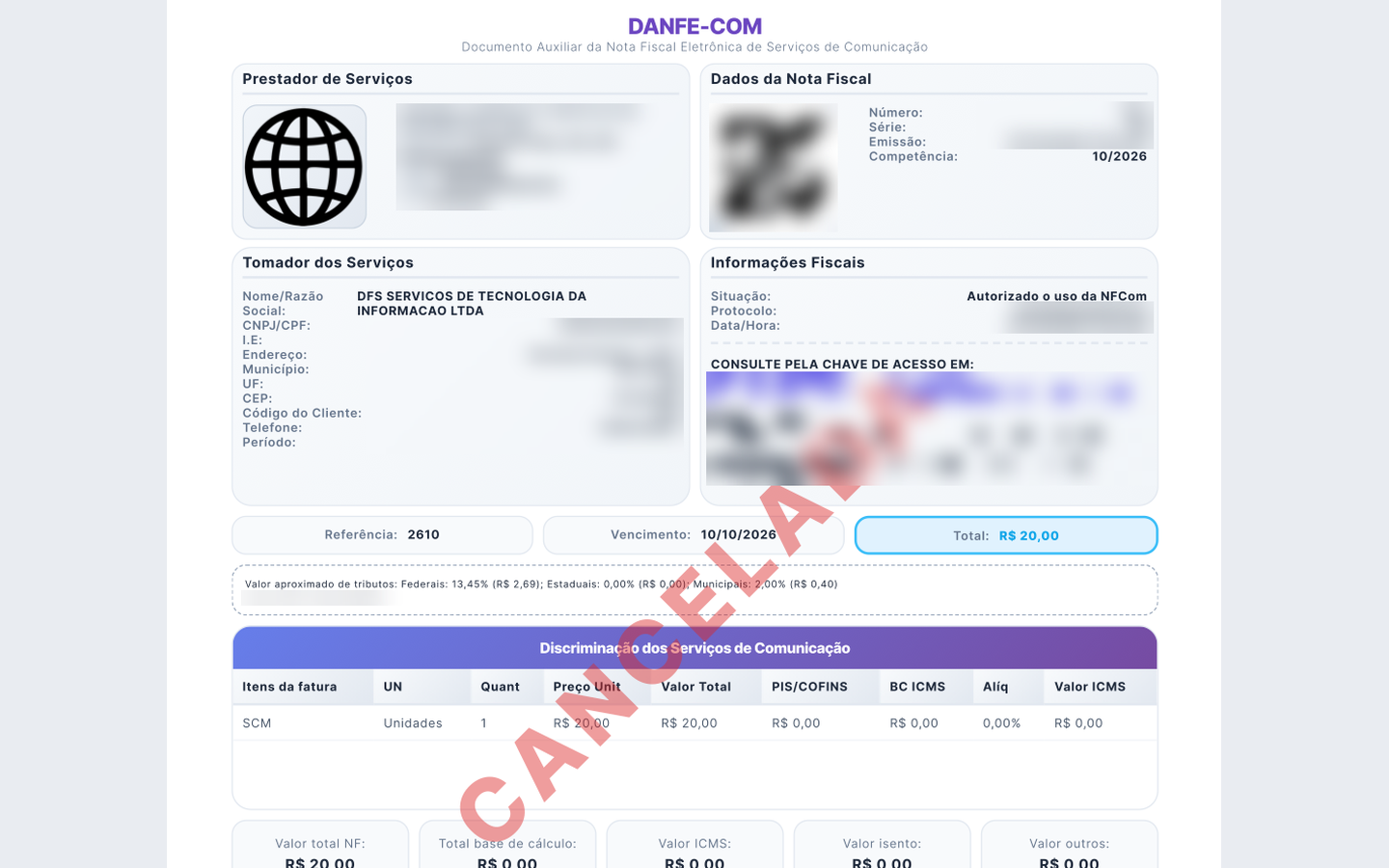DANFE-COM de uma nota cancelada, com a marca d'água CANCELADA