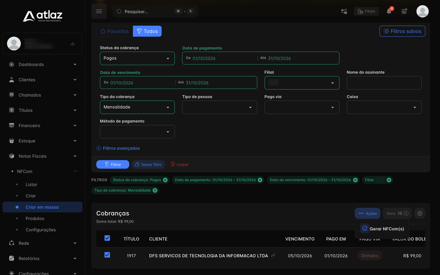 Menu Ações com a opção Gerar NFCom(s)
