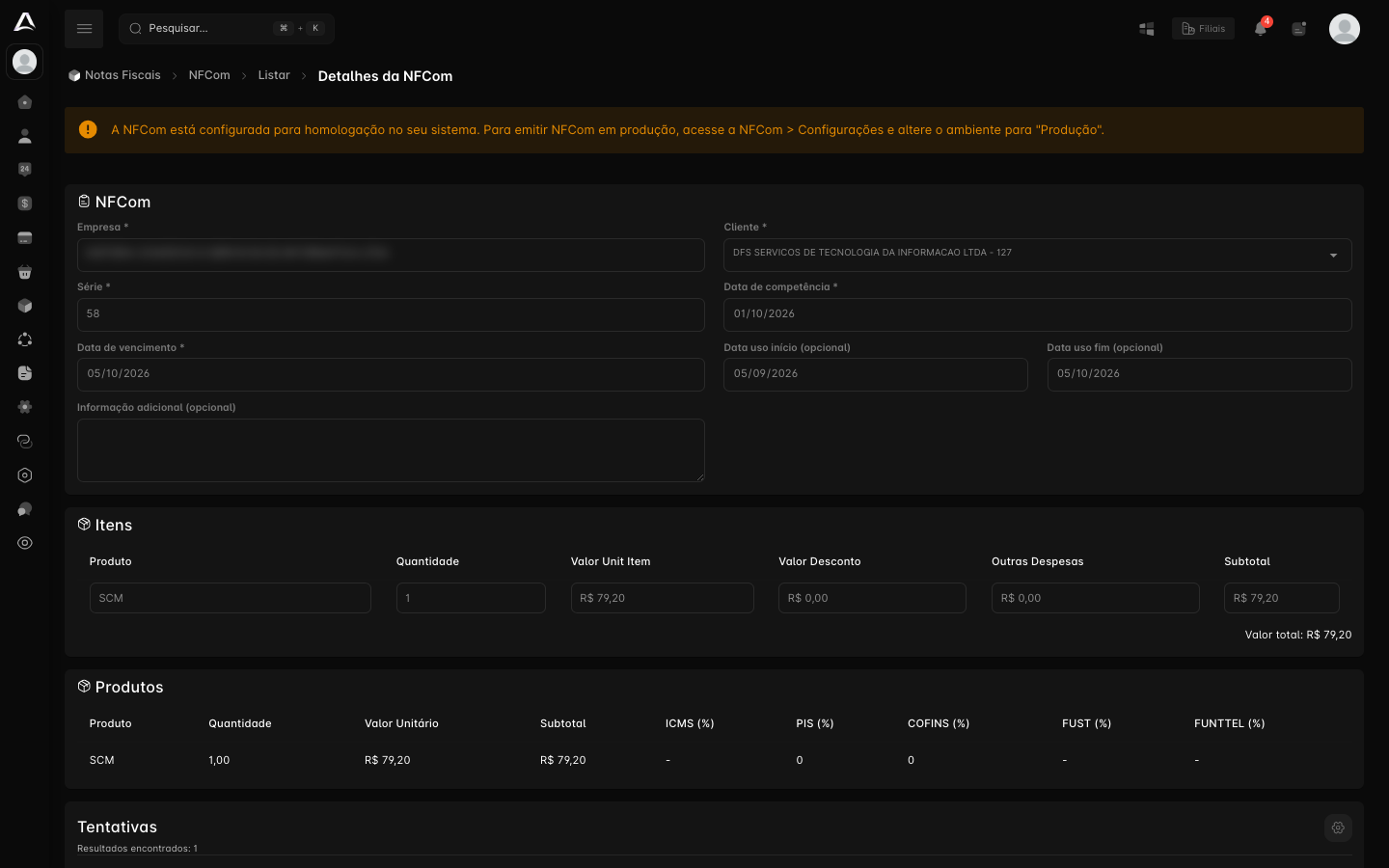 Detalhes da nota, com cliente, datas, itens e produtos