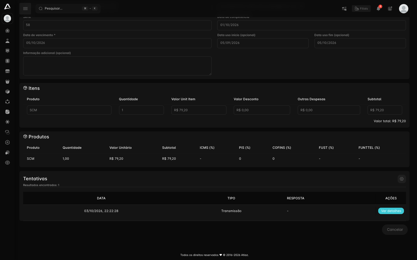 Tabela Tentativas, com a data, o tipo e a resposta de cada envio