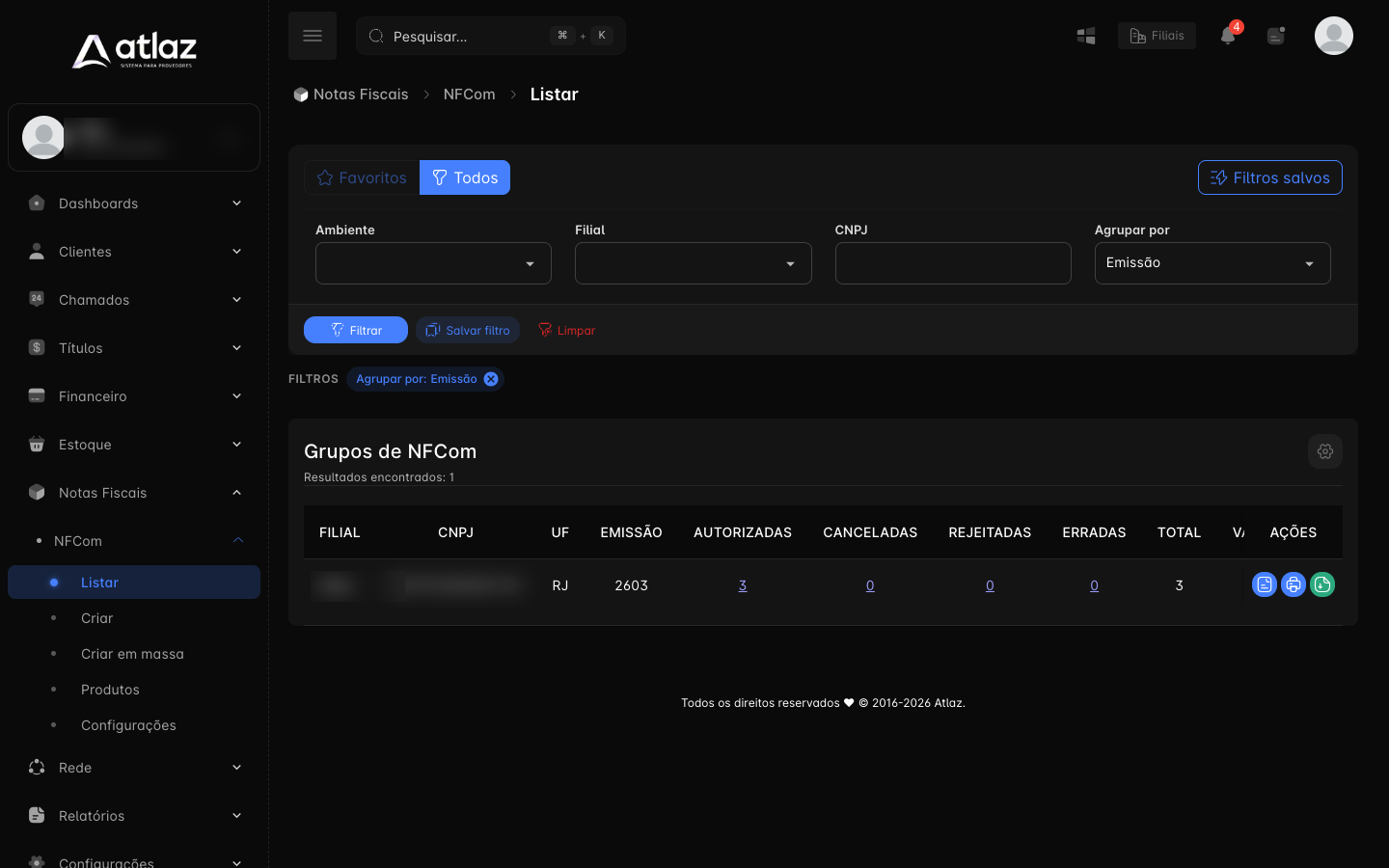 Grupos de NFCom com contagem por status e ações do grupo