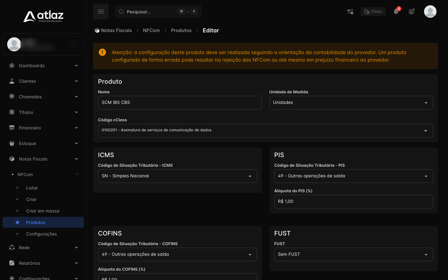 Formulário de produto, com Produto, ICMS, PIS e COFINS