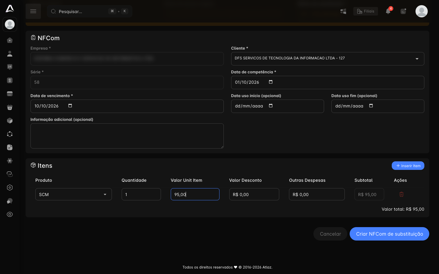 Itens da substituição, com o valor corrigido e o botão Criar NFCom de substituição