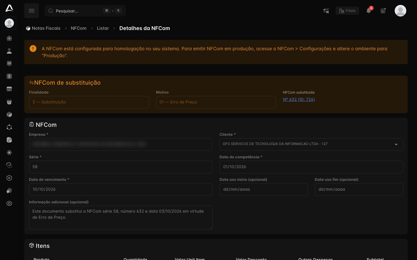 Detalhes da NFCom substituta, com o cartão NFCom de substituição e a informação adicional automática