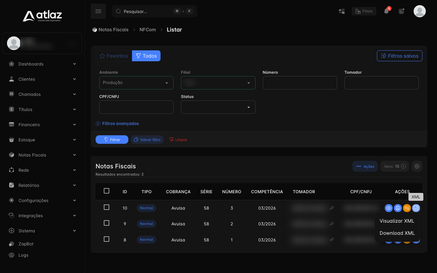 Menu XML de uma nota, com Visualizar XML e Download XML