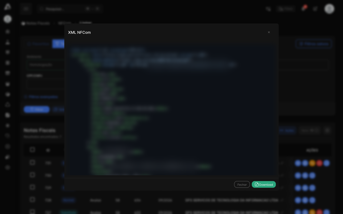 Janela XML NFCom, com o conteúdo do arquivo (ocultado) e o botão Download