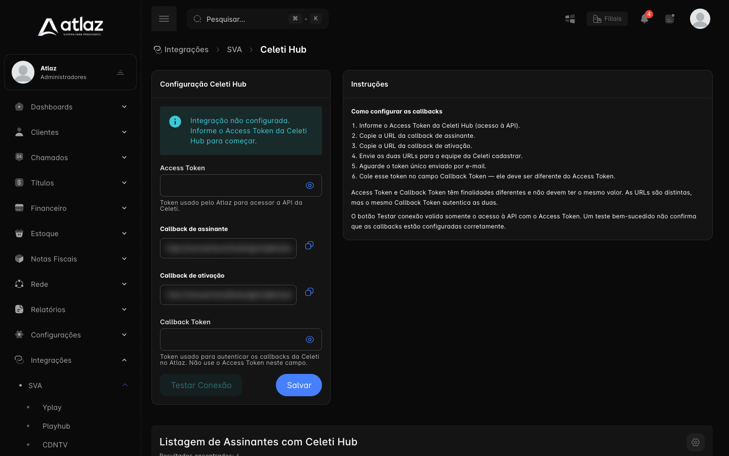 Tela Celeti Hub ainda sem configuração, com os campos e as instruções