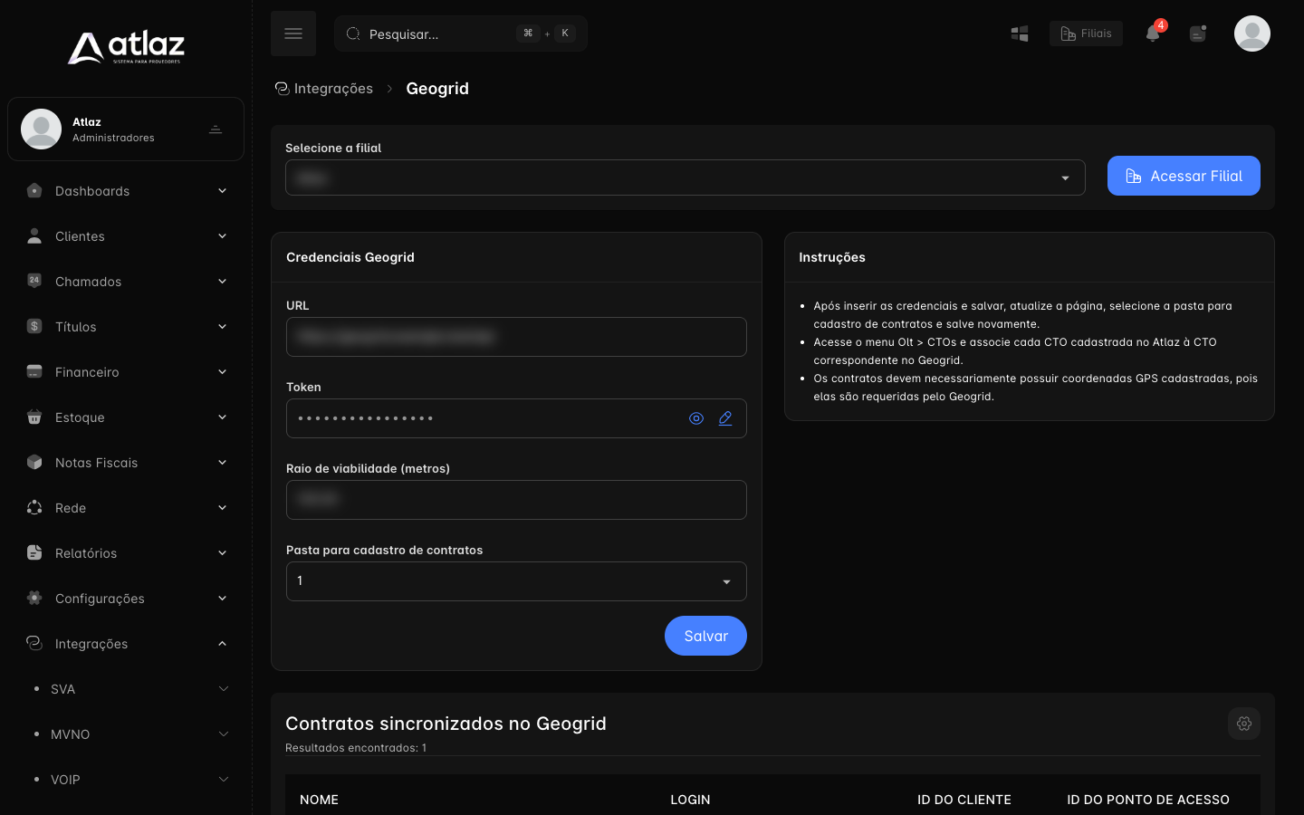 Tela Geogrid com as credenciais, as instruções e a lista de contratos sincronizados