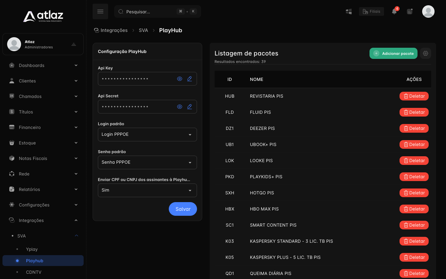 Tela Playhub com a configuração e a listagem de pacotes