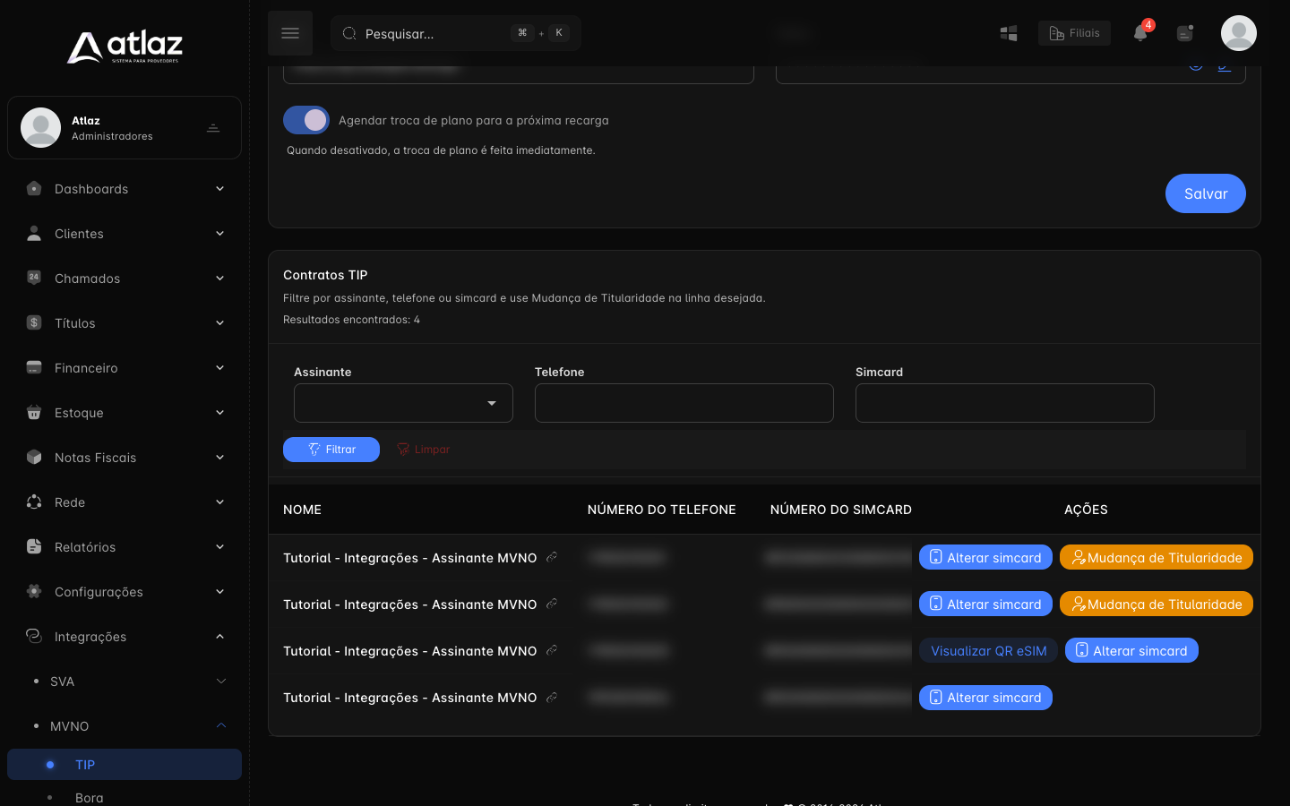 Lista de contratos TIP com os filtros e as ações