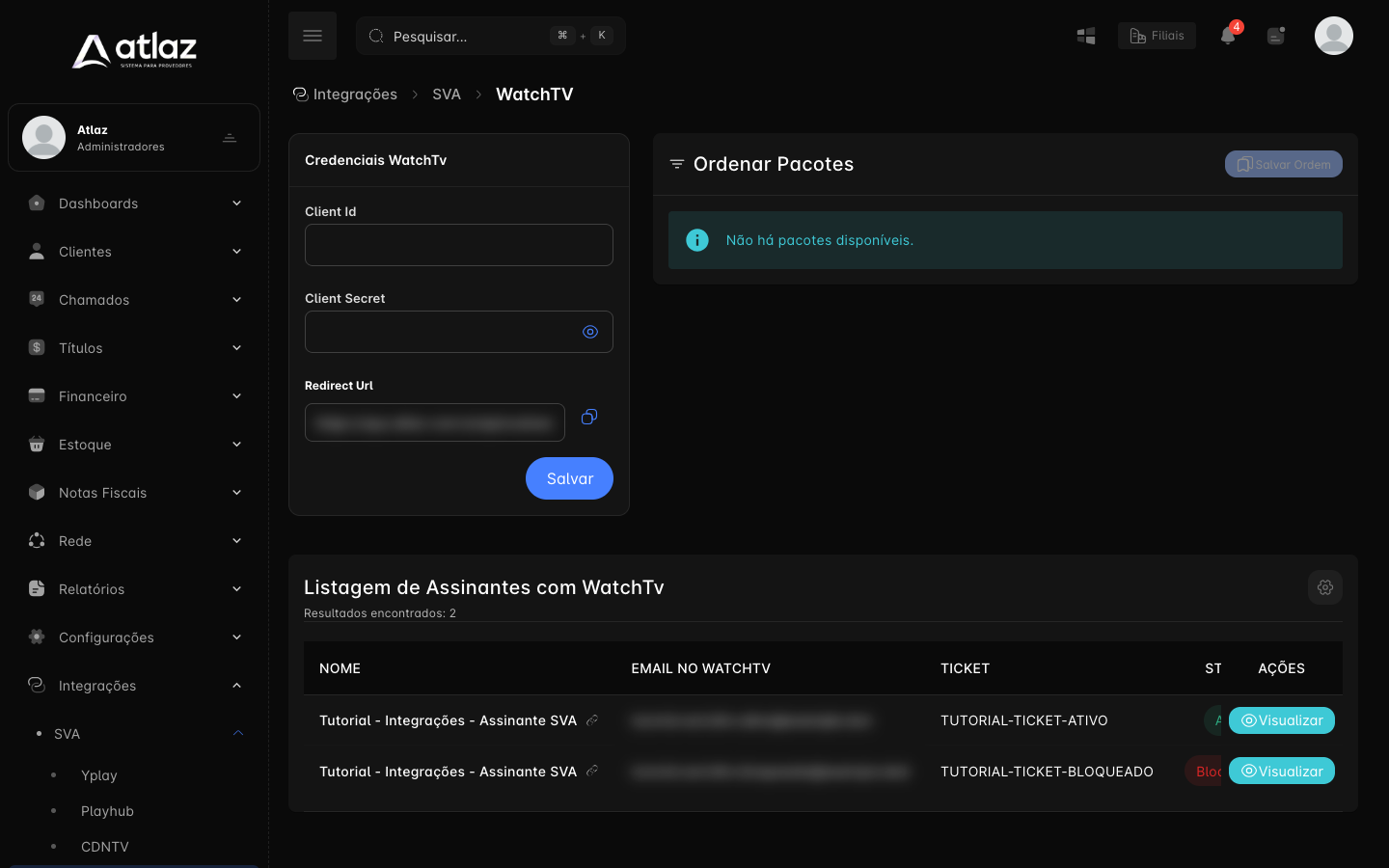 Tela WatchTV com as credenciais, a seção Ordenar Pacotes e a lista de assinantes