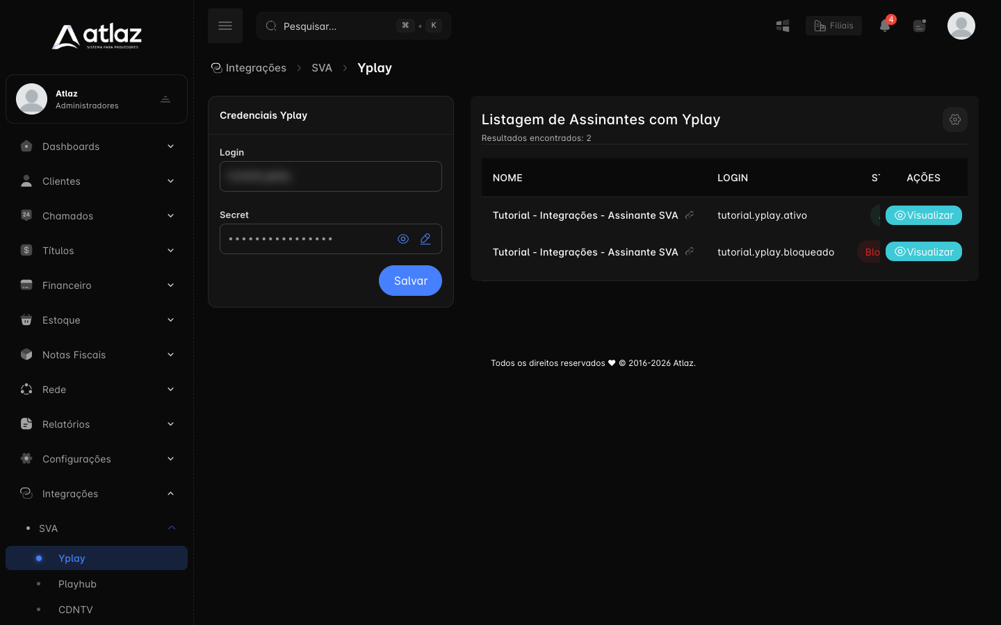 Tela Yplay com as credenciais e a lista de assinantes