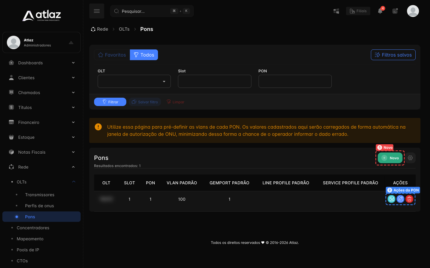 Lista de PONs com o botão Novo e as ações de cada PON