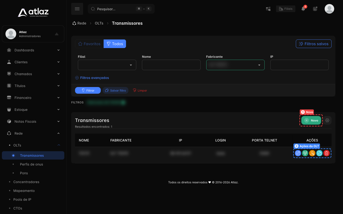 Lista de transmissores, com o botão Novo e as ações de cada OLT