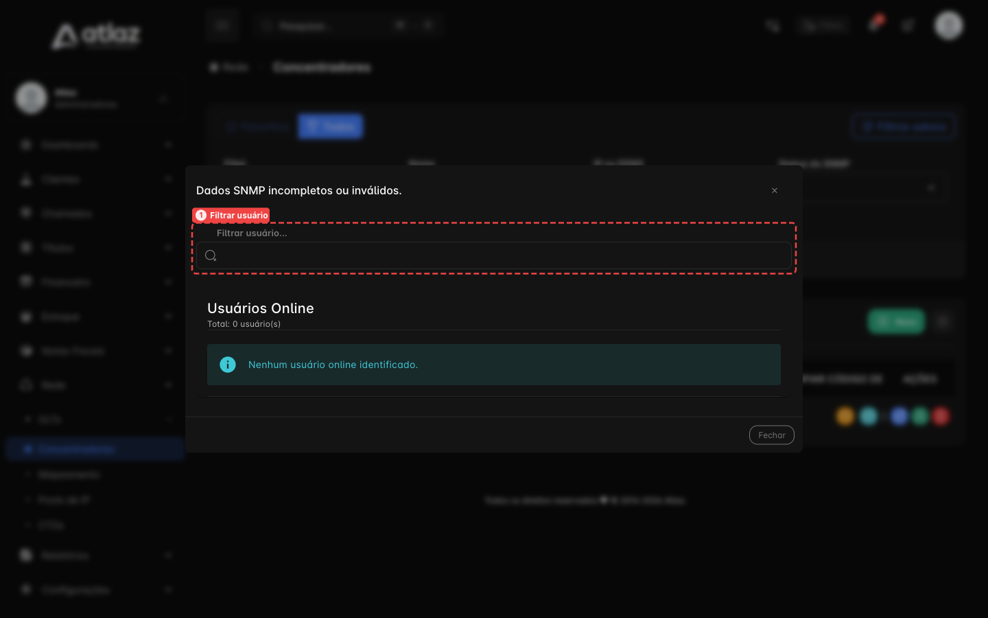 Janela de usuários online com o filtro de usuário