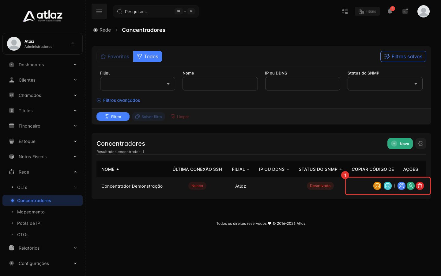 Linha do concentrador com os botões de código de integração e as ações