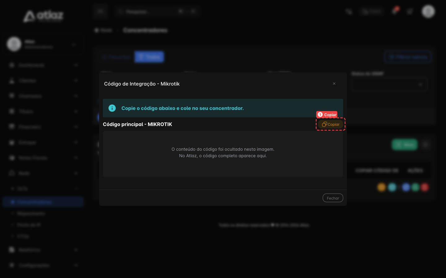 Painel Código de Integração - Mikrotik com o botão Copiar