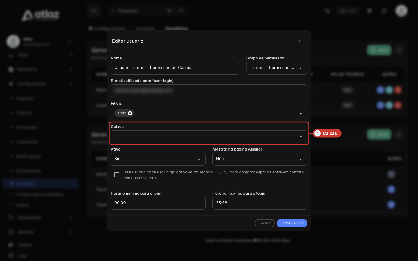 Modal Editar usuário com o campo Caixas destacado