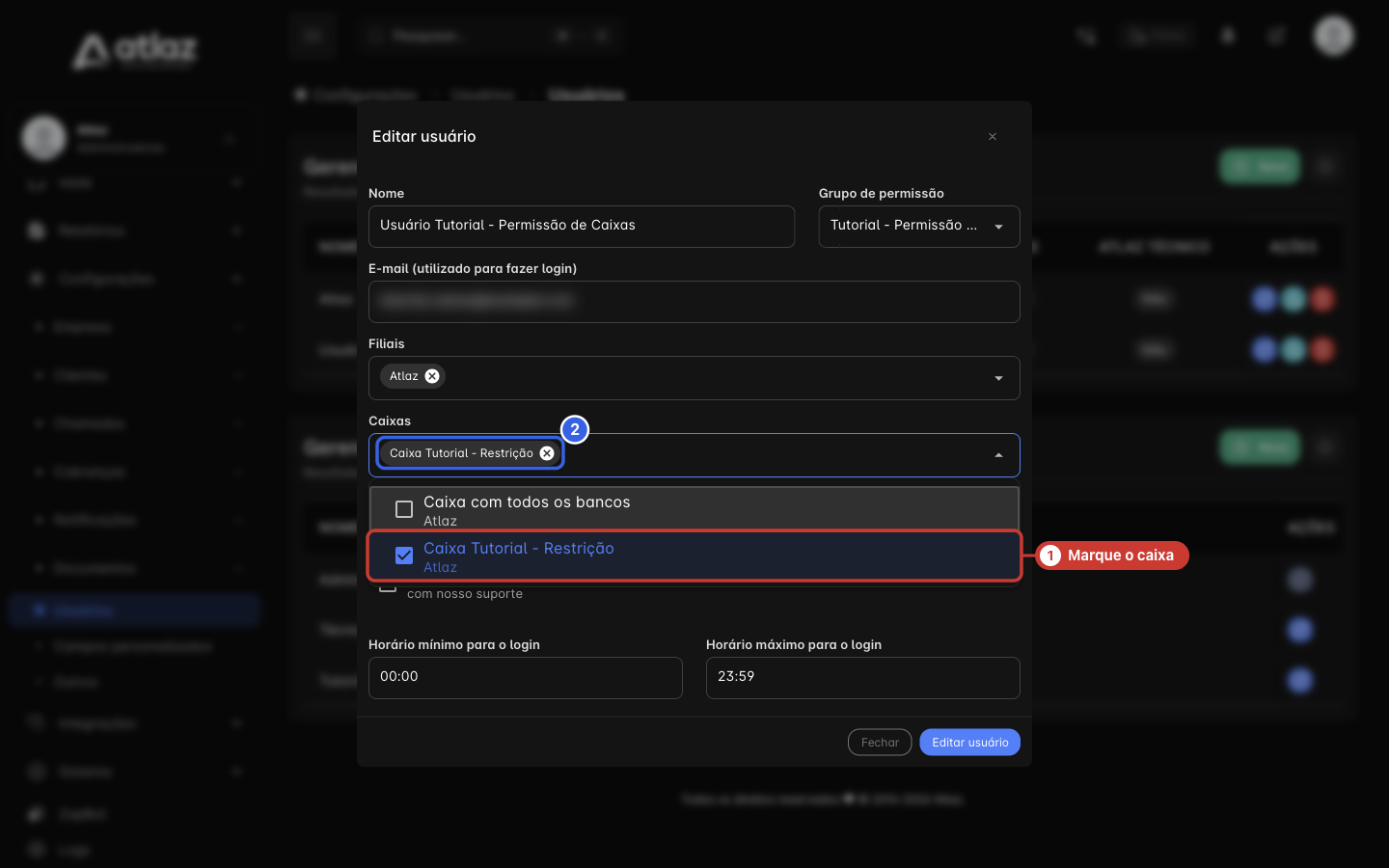 Lista de caixas aberta, com as caixas marcadas e as etiquetas no campo