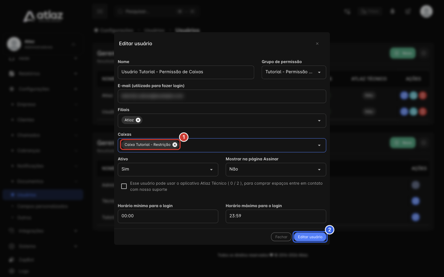 Modal com o botão Editar usuário destacado