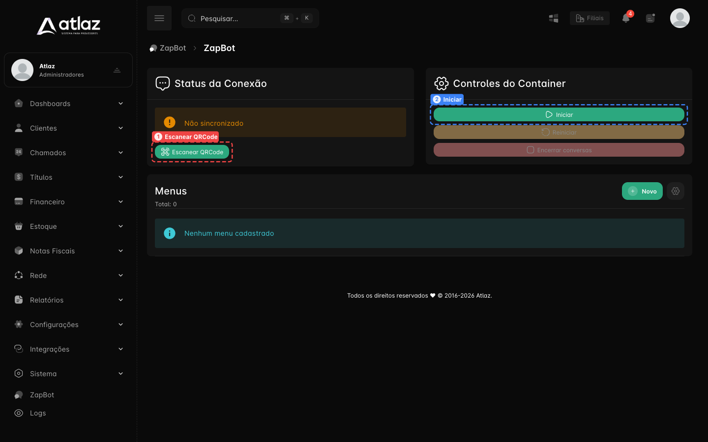 Painel do número, com Escanear QRCode e Iniciar