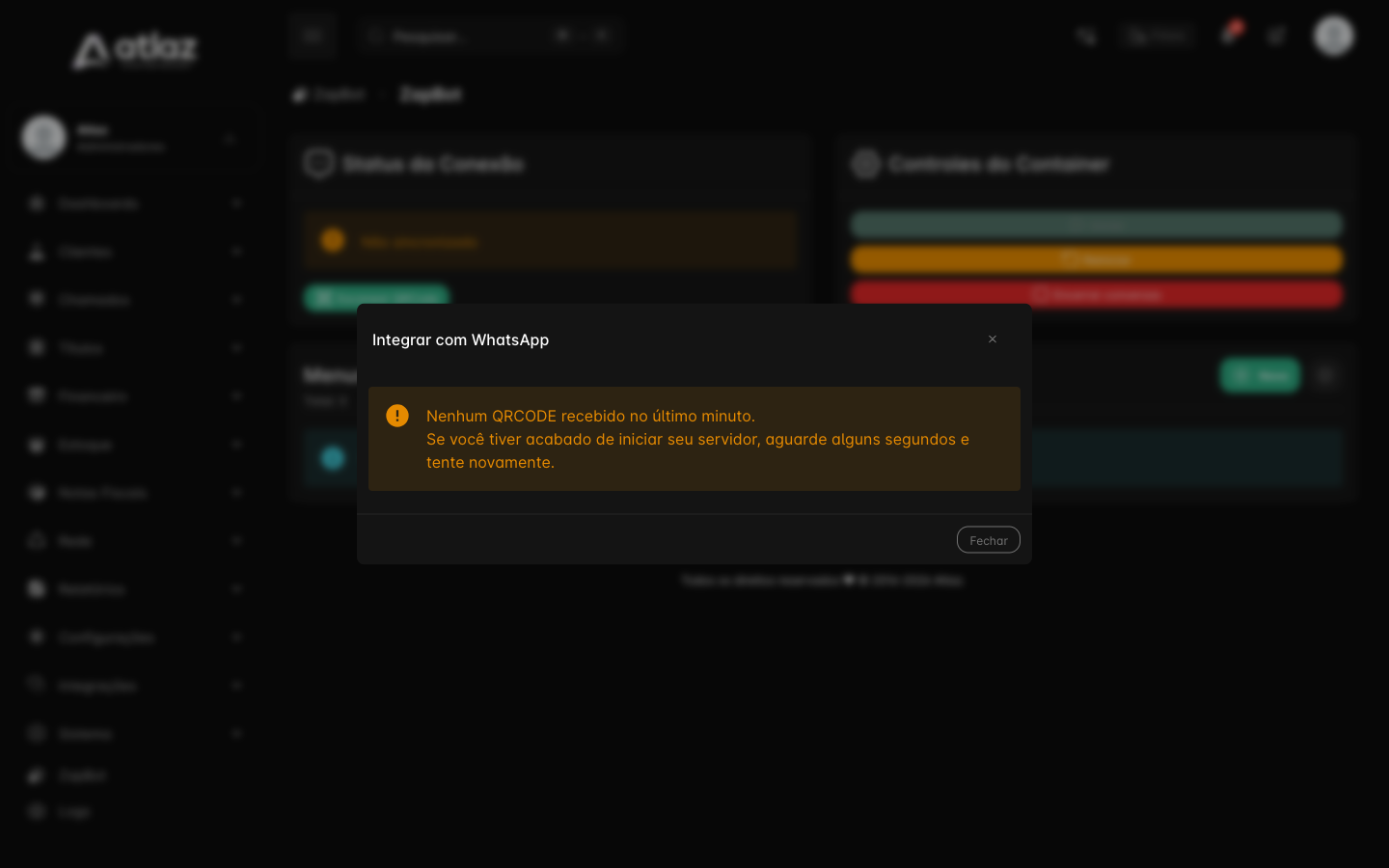 Janela Integrar com WhatsApp avisando que nenhum QR Code foi recebido