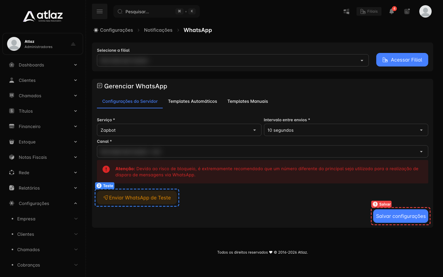Serviço Zapbot e Canal escolhidos, com Enviar WhatsApp de Teste e Salvar configurações
