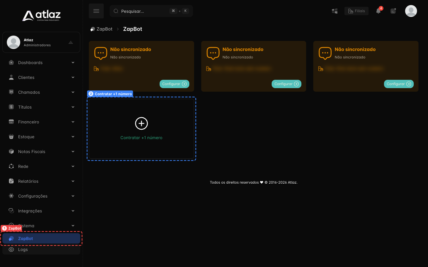 Menu lateral com o item ZapBot e a lista de números